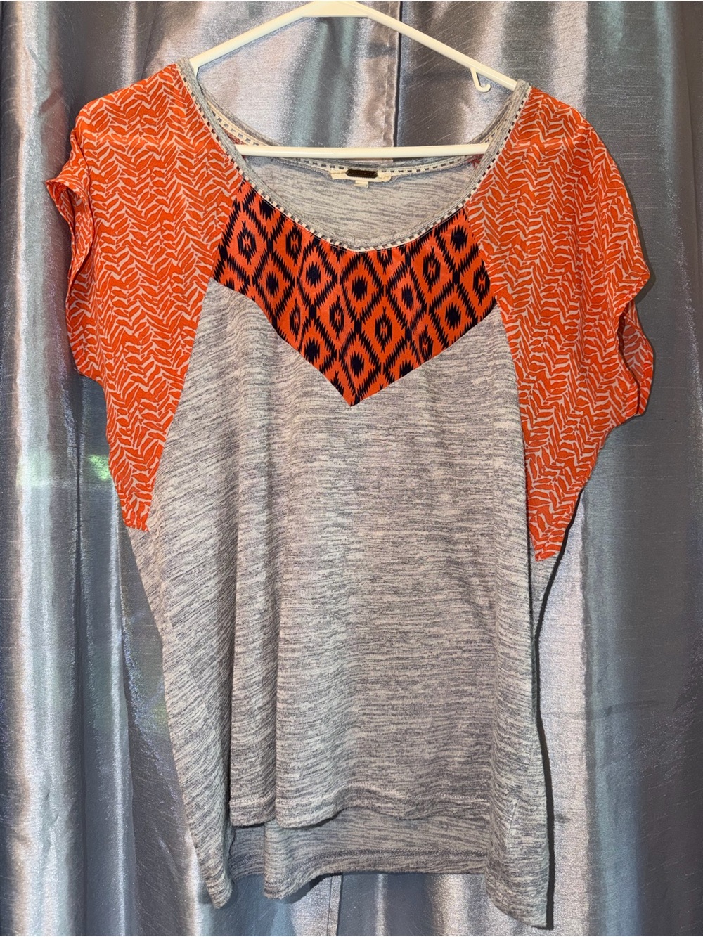Mudd Grey Top with Orange Patterned Sleeves